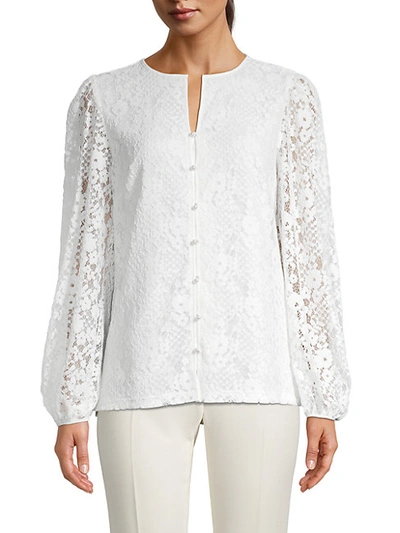 Shop Karl Lagerfeld Faux Pearl &amp; Floral Lace Blouse In Soft White