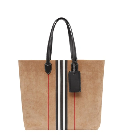 Shop Burberry Large Suede Icon Stripe Tote Bag