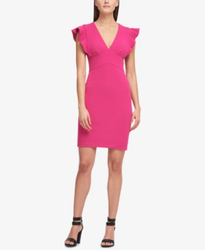 Shop Dkny V-neck Ruffle Cap Sleeve Sheath Dress In Watermelon