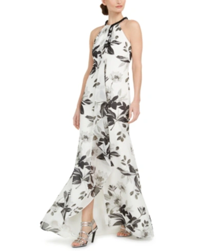 Shop Calvin Klein Floral Draped Halter Gown In Cream/black Floral