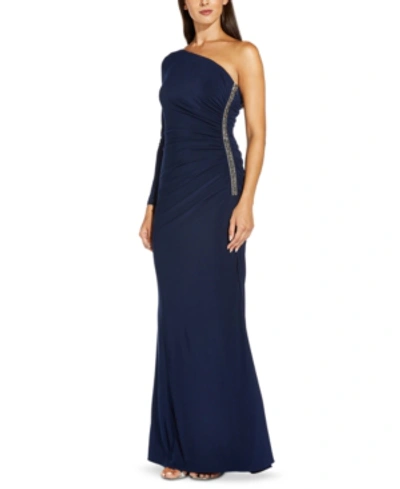 Shop Adrianna Papell Embellished One-shoulder Gown In Midnight Blue