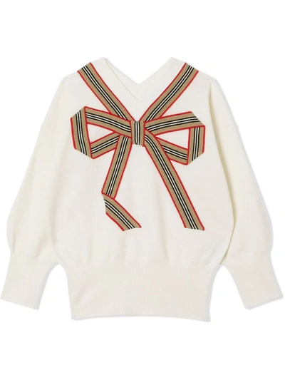 Shop Burberry Icon Stripe Knitted Bow Jumper In Neutrals