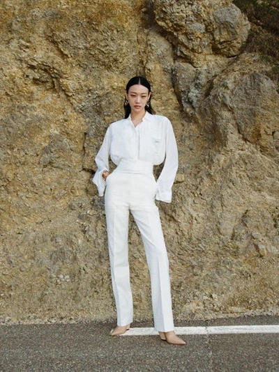 Shop Burberry Sash Detail Technical Wool Tailored Trousers In Optic White