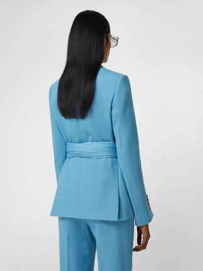 Shop Burberry Jersey Sash Detail Wool Ramie Tailored Jacket In Blue Topaz