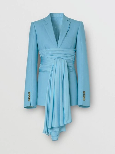 Shop Burberry Jersey Sash Detail Wool Ramie Tailored Jacket In Blue Topaz