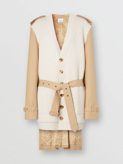 Shop Burberry Trench Coat Panel Rib Knit Wool Blend Cardigan In Soft Fawn