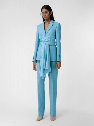 Shop Burberry Jersey Sash Detail Wool Ramie Tailored Trousers In Blue Topaz