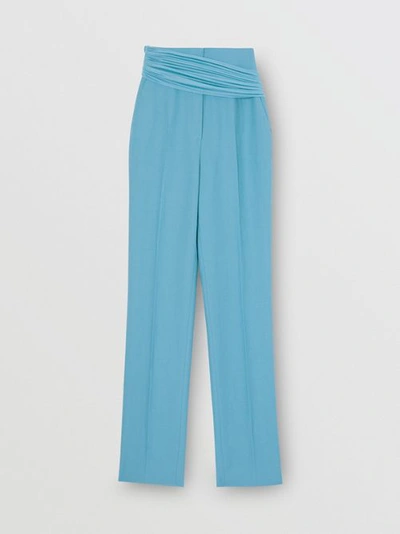 Shop Burberry Jersey Sash Detail Wool Ramie Tailored Trousers In Blue Topaz
