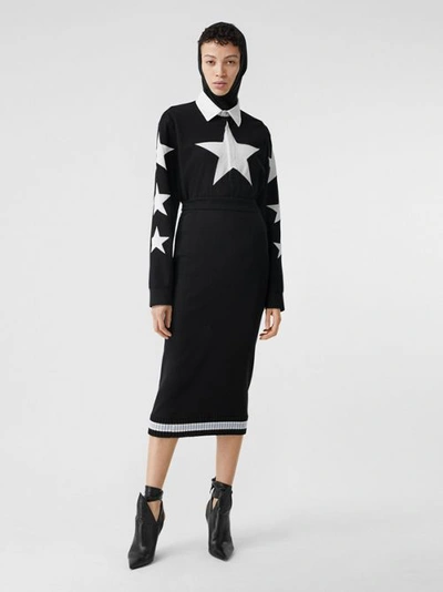 Shop Burberry Long-sleeve Star Motif Cotton Piqué Polo Shirt Dress In Black
