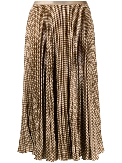 Shop Polo Ralph Lauren Houndstooth Pleated Midi Skirt In Brown
