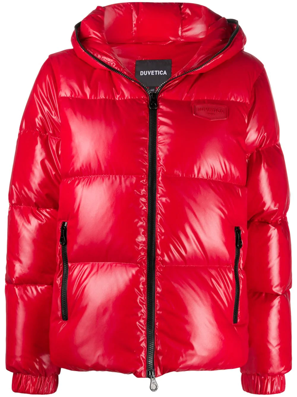 red short puffer jacket