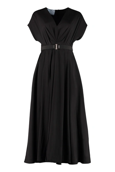 Shop Prada Gathered Flared Crepe Dress In Black