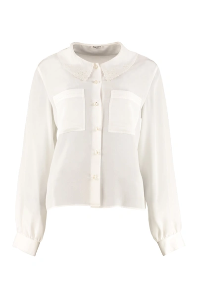 Shop Miu Miu Long-sleeved Silk Shirt In White
