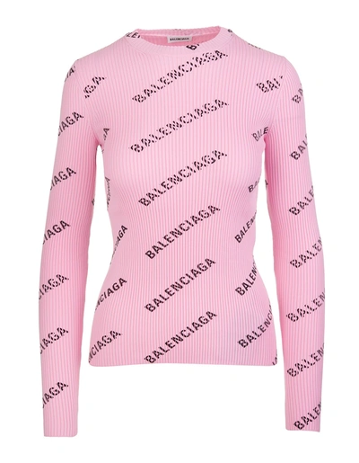 Shop Balenciaga Woman Pink Pullover With All-over Black Logo In Light Pink/black
