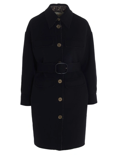 Shop Fendi Ff Double Wool Coat In Black