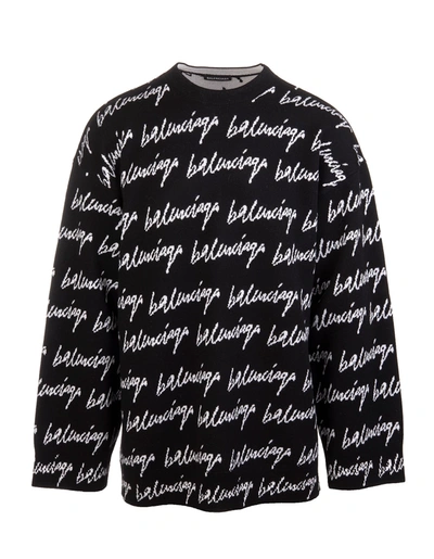 Shop Balenciaga Man Black Pullover With White All-over Signature In Black/white