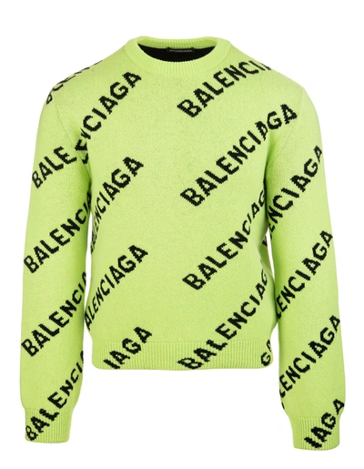 Shop Balenciaga Acid Green Man Sweater With Black All-over Logo In Acid Green/black