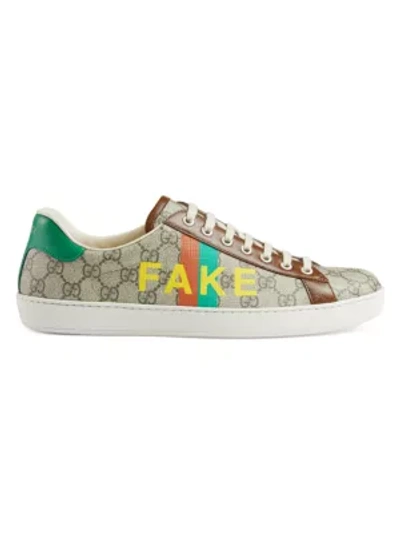Shop Gucci New Ace Fake/not Print Sneakers In Beige Ebony Green