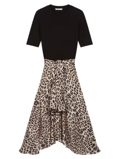 Shop Maje Rapri Knit & Leopard Print Satin Midi Dress In Natural Leopard