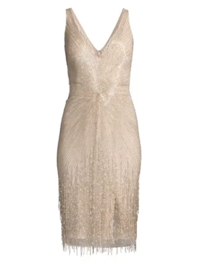 Shop Aidan Mattox V-neck Beaded Cocktail Dress In Champagne