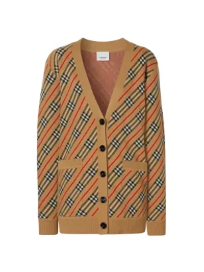 Shop Burberry Coralie Icon Stripe Merino Wool-blend Cardigan In Camel