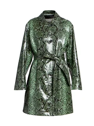 Shop Dries Van Noten Snakeskin-print Patent Belted Trench Coat In Green