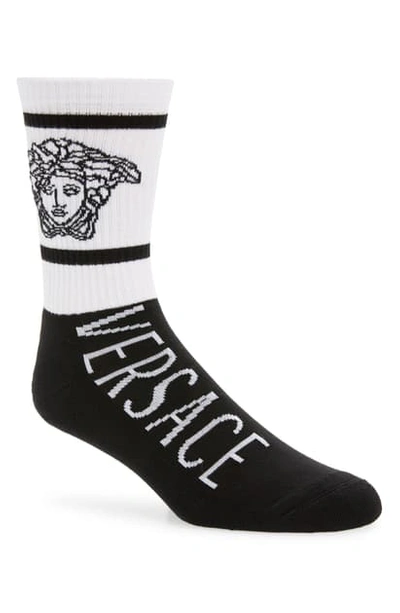 Shop Versace Medusa Logo Cotton Blend Crew Socks In Black