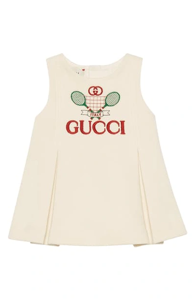 Shop Gucci Tennis Embroidered Pleated Cotton Dress In White/ Multicolor