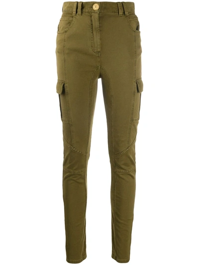 Shop Balmain Panelled Skinny Cargo Trousers In Green