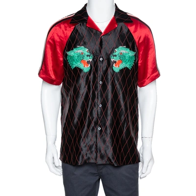 Pre-owned Gucci Black & Red Satin Panther Applique Bowling Shirt M