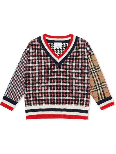 Shop Burberry Teen Patchwork Check Jumper In Red