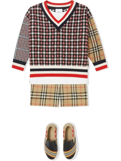 Shop Burberry Teen Patchwork Check Jumper In Red