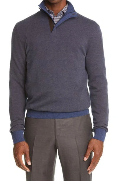 Shop Ermenegildo Zegna Cashmere & Cotton Quarter Zip Sweater In Blue