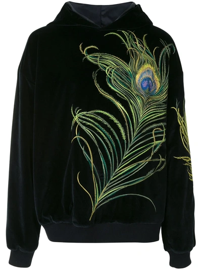 Shop Dolce & Gabbana Peacock-feather Embroidery Velvet Hoodie In Blue