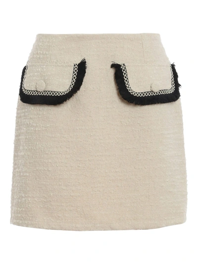 Shop Be Blumarine Bouclé Wool Blend Mini Skirt In Cream Colour