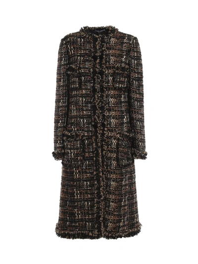 Shop Dolce & Gabbana Tweed Bouclé Coat In Brown