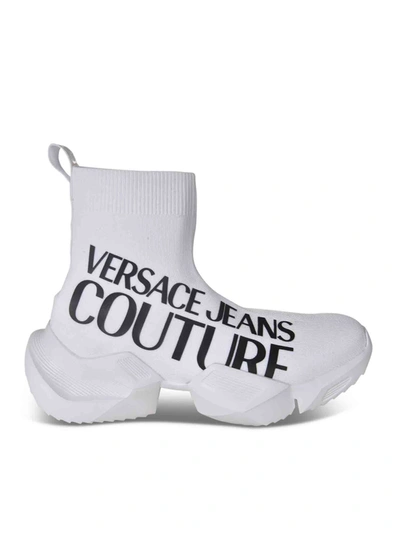 Shop Versace Jeans Couture Knitted Sneakers With Logo In White In Black