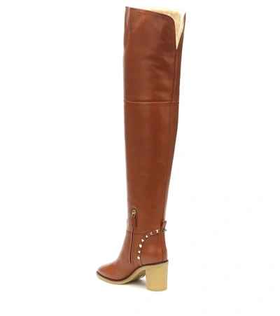 Shop Valentino Rockstud 85 Shearling-lined Over-the-knee Boots In Brown