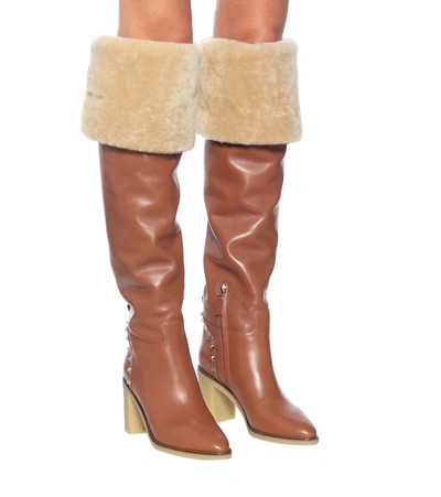 Shop Valentino Rockstud 85 Shearling-lined Over-the-knee Boots In Brown