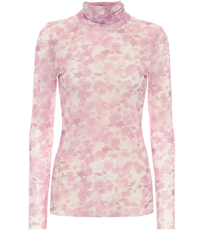 Shop Ganni Floral Mesh Mockneck Top In Pink