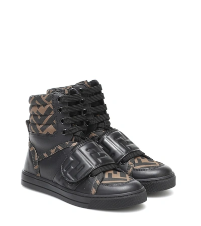 Shop Fendi Ff Leather High Top Sneakers In Black