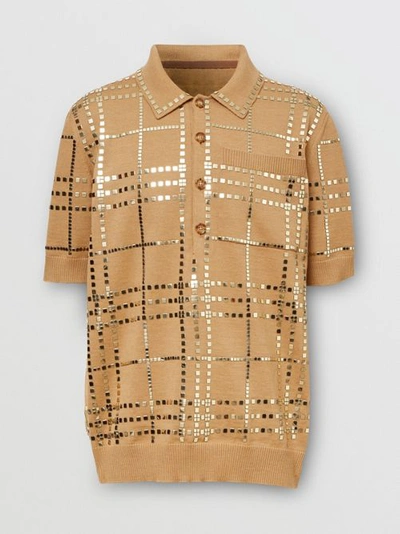 Shop Burberry Mirrored Check Wool Jersey Polo Shirt In Camel