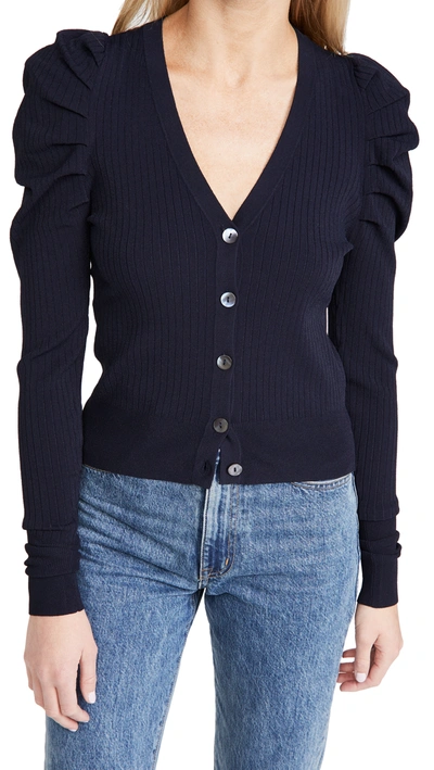 Shop Autumn Cashmere Ribbed Puff Sleeve Cardigan In Navy
