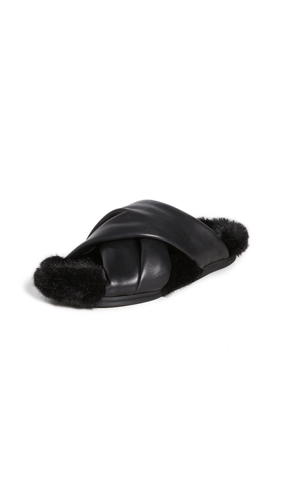 Shop Simone Rocha Cross Strap Slides With Shearling Lining In Black/black