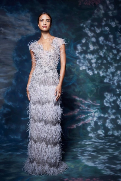 Shop Marchesa Feathered Sequin Cap Sleeve Gown