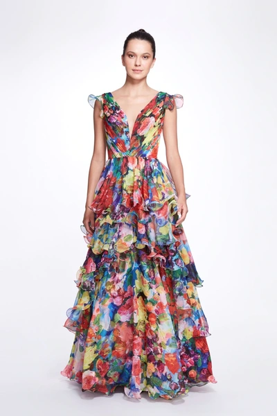 Shop Marchesa Notte Sleeveless V-neck Tiered Printed Chiffon Gown