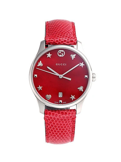 Shop Gucci G-timeless Stainless Steel & Lizard Leather Strap Watch In Red