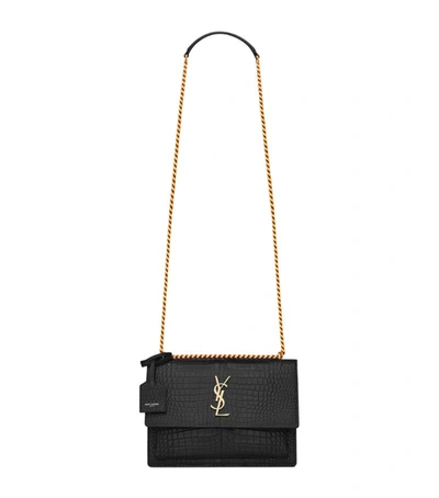 Shop Saint Laurent Medium Sunset Croc-embossed Shoulder Bag In Black