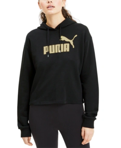 Shop Puma Women's Ess Metallic Cropped Hoodie In Black