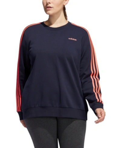 Shop Adidas Originals Adidas Essentials Plus Size 3 Stripe Fleece Sweatshirt In Legend Ink Blue/signal Pink